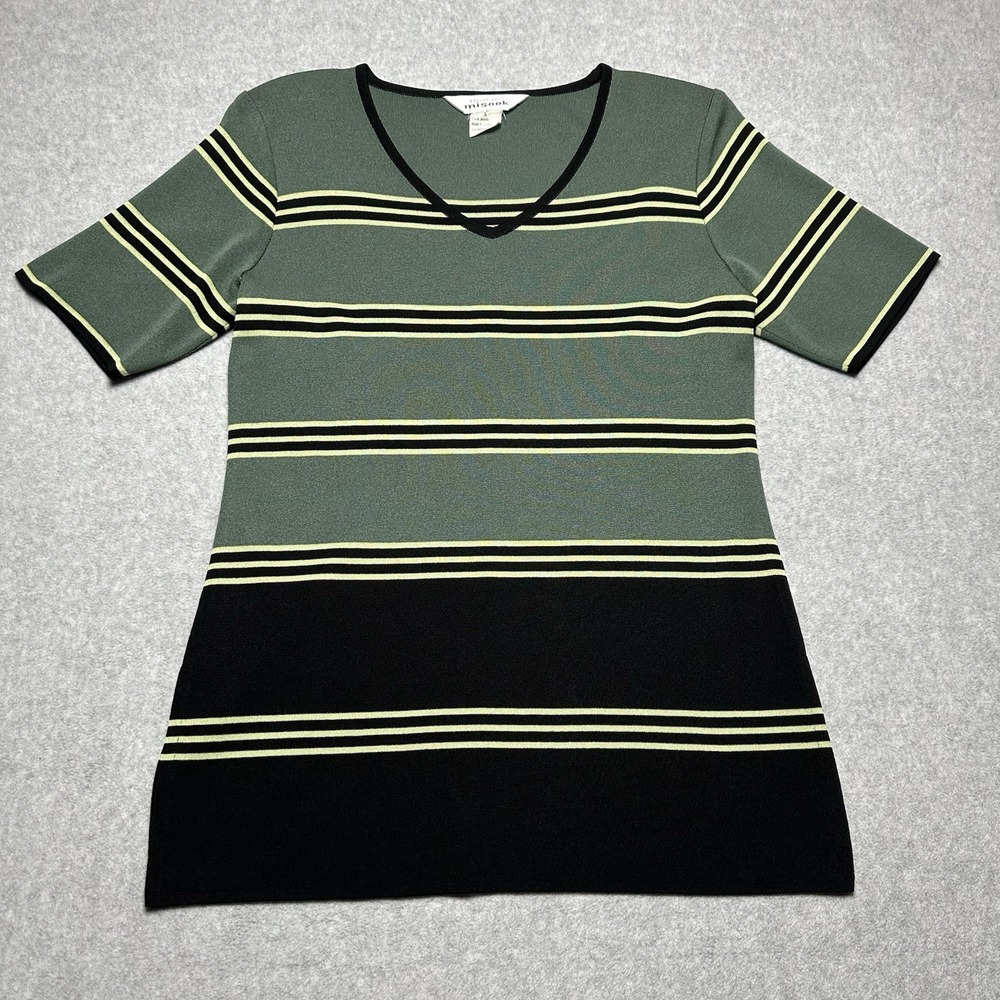 EXCLUSIVELY MISOOK STRIPES V-NECK SHORT SLEEVES SHIRT Black/Green/Yellow‎ Small
